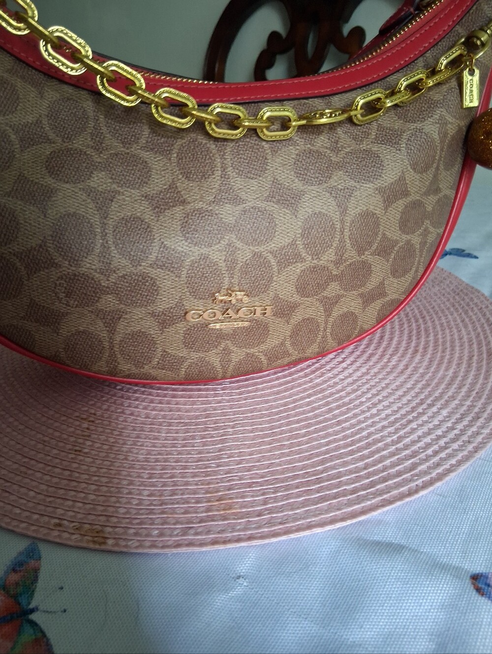 Coach Aria Brown Signature Crescent Shoulder Bag with Red Trim - Picture 2 of 11